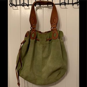 Lucky Brand Green Large Suede Hobo Bag with Brown Leather drawstrings.